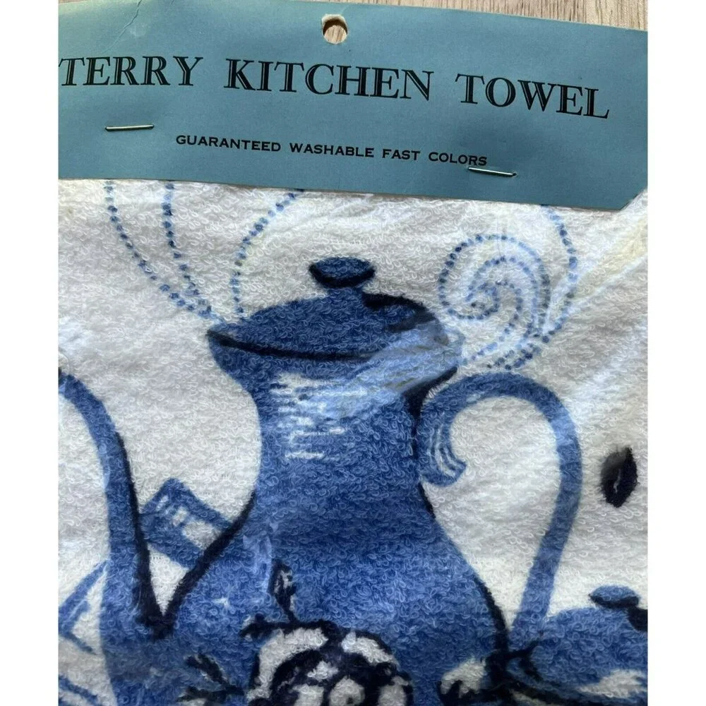 Vintage Hand Printed Kitchen Towel Bestex Blue White Teapot Breakfast USA Made